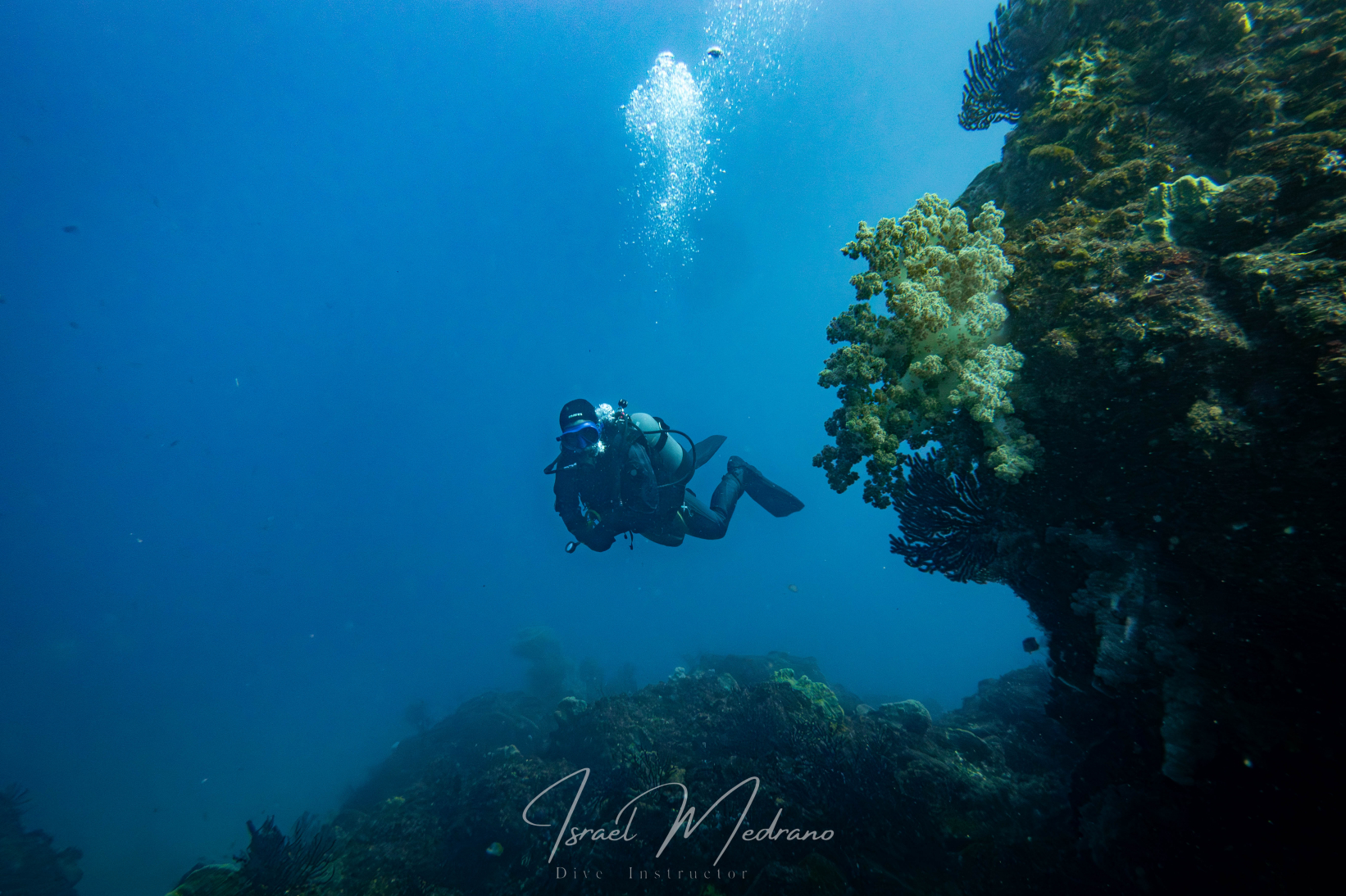Buceador solo en el fondo marino de Atami
